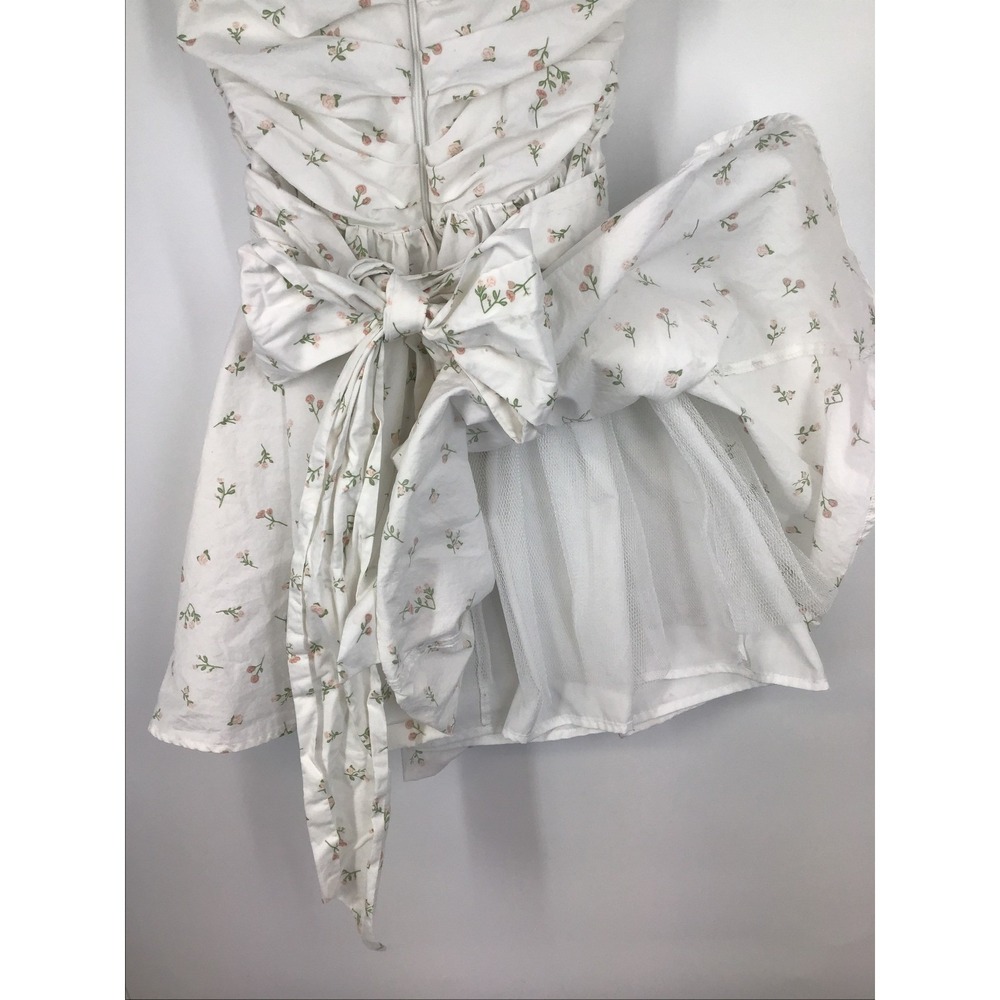 Strapless Ruched Fit & Flare Dress White Rosebud Floral Bow Sash Coquette S - Picture 7 of 10